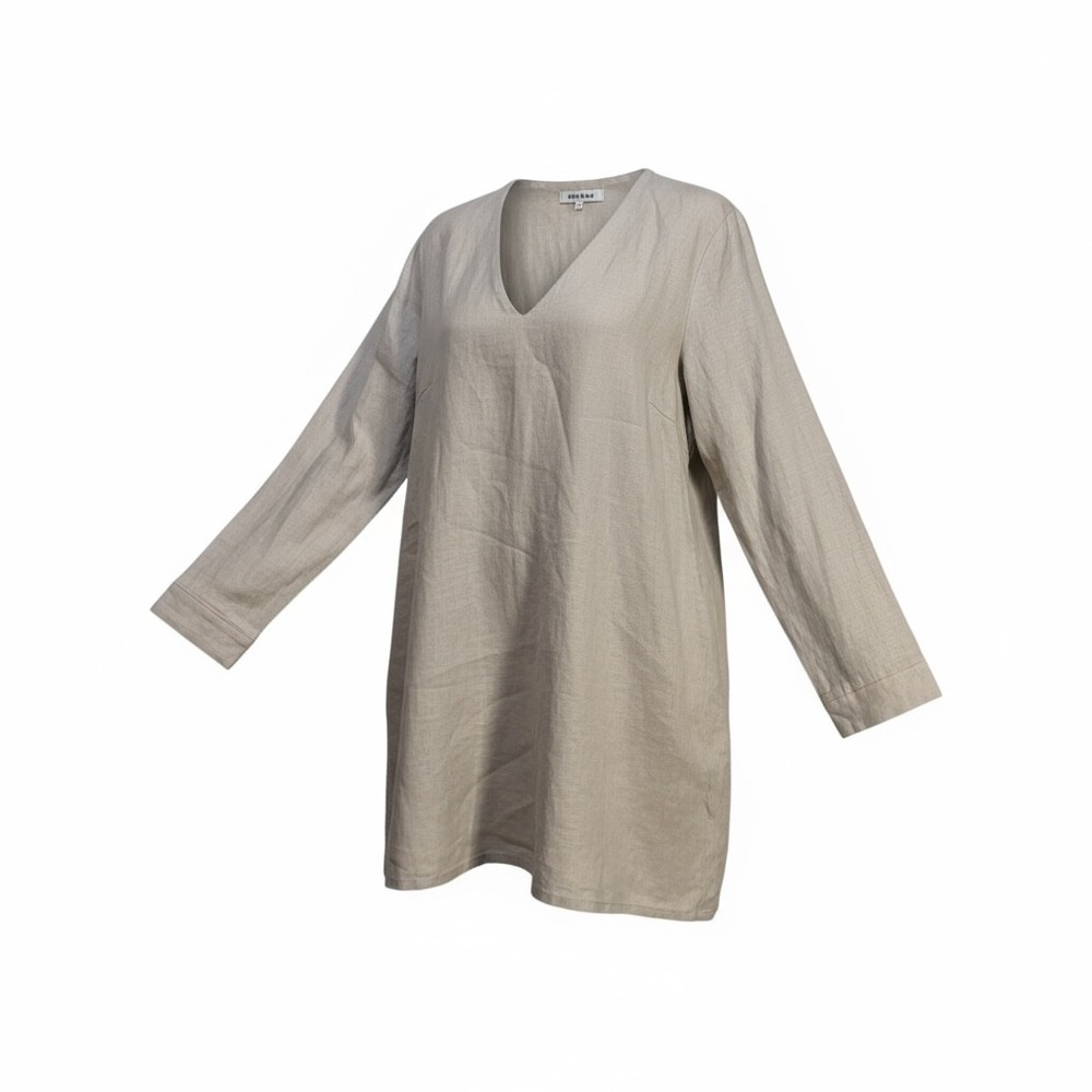 Becasa Medium Dress Womens‎ Beige Long Sleeve V Neck Casual Linen Blend